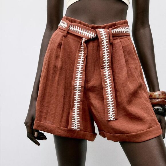 ZARA EMBROIDERED BELT SHORTS - Picture 1 of 8